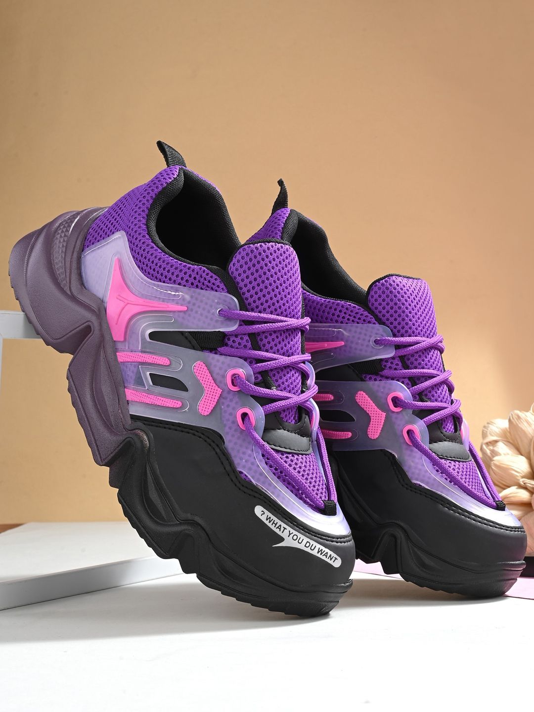 Roadster Women Black & Purple Colourblocked Padded Insole Mesh Basics Sneakers