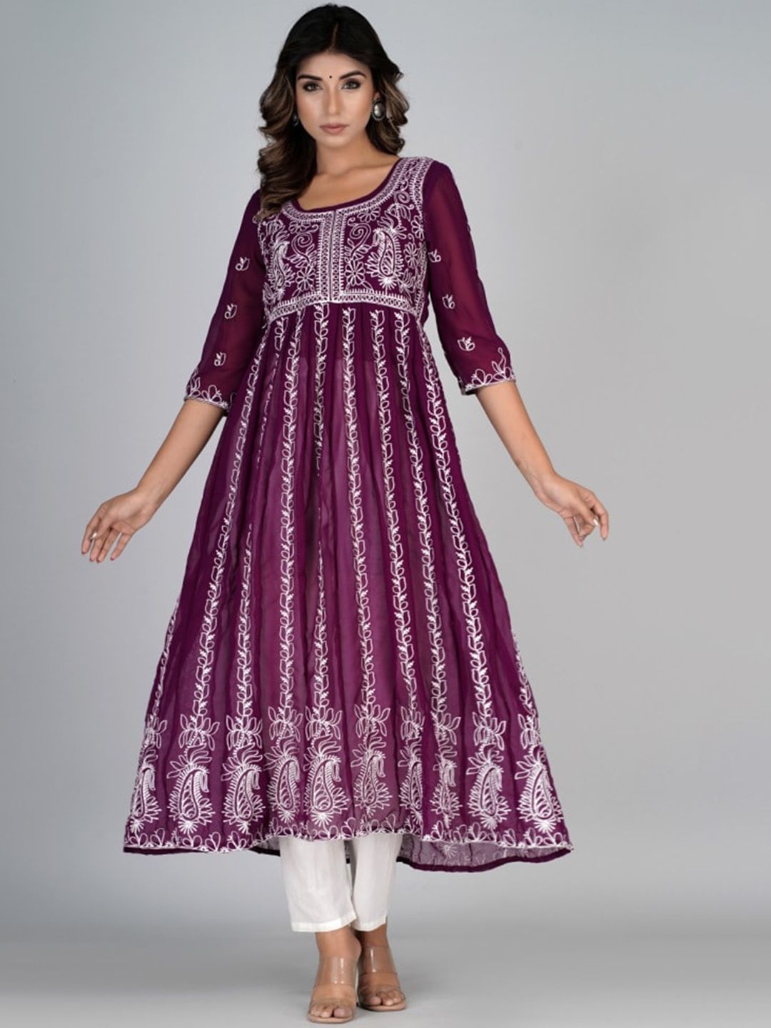 HERE&NOW Purple & White Floral Embroidered Paneled Georgette Anarkali Kurta-image-43