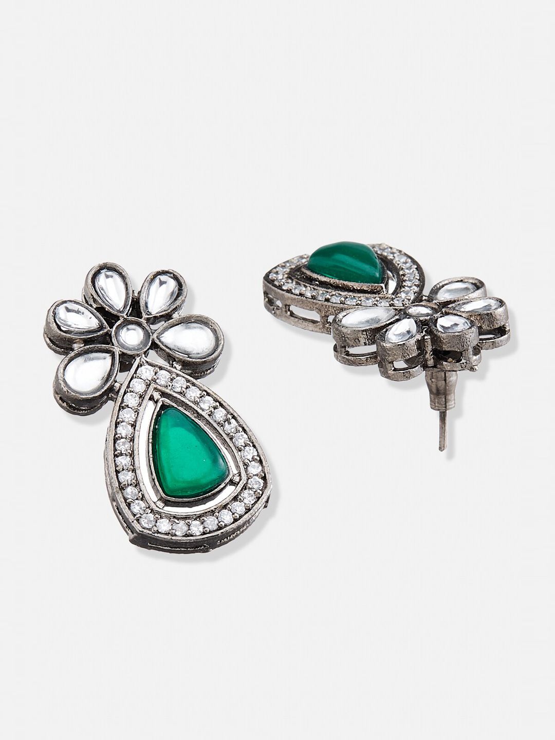 ATIBELLE German Silver-Plated Floral American Diamond Studded Drop Earrings