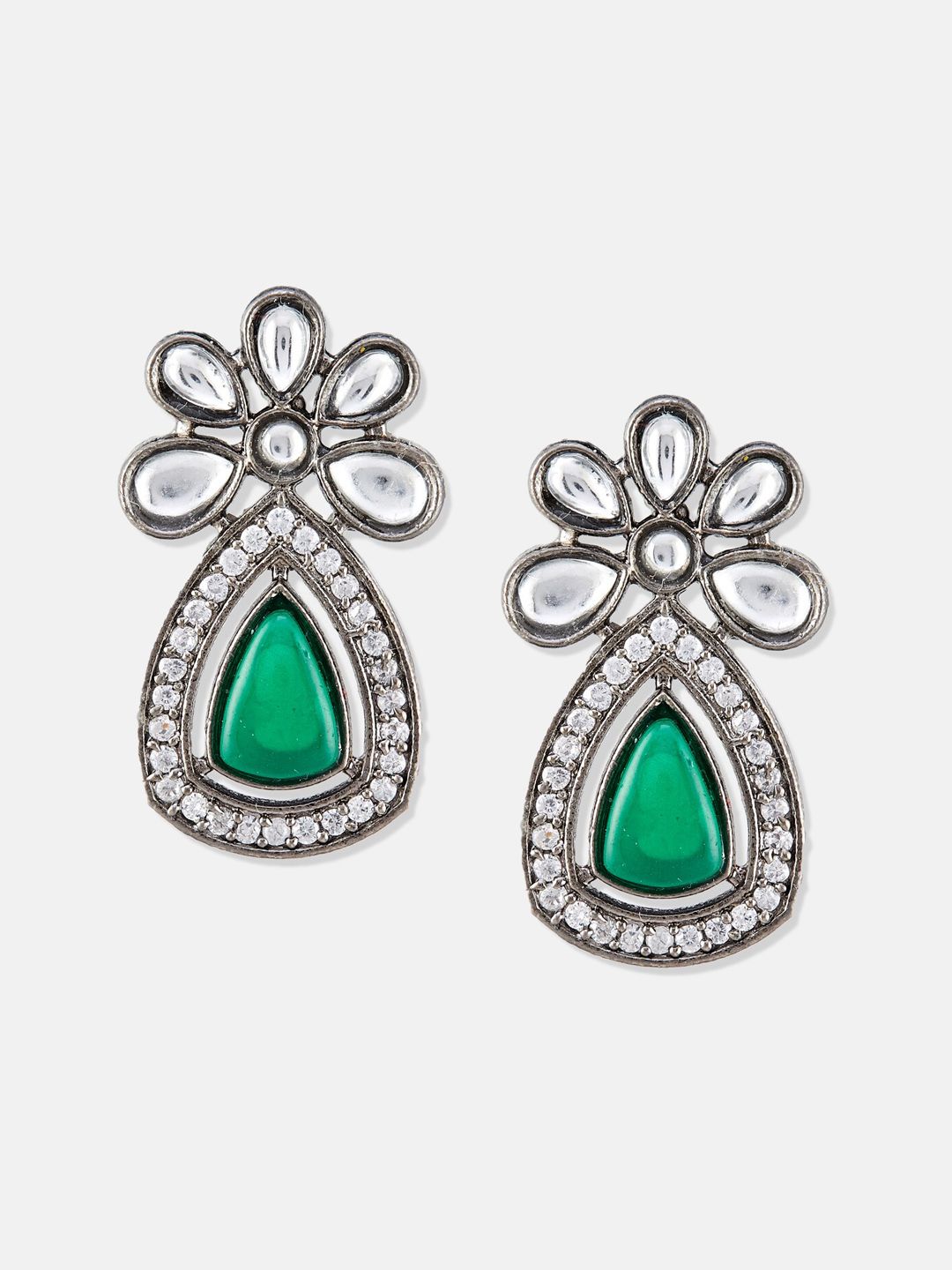 ATIBELLE German Silver-Plated Floral American Diamond Studded Drop Earrings