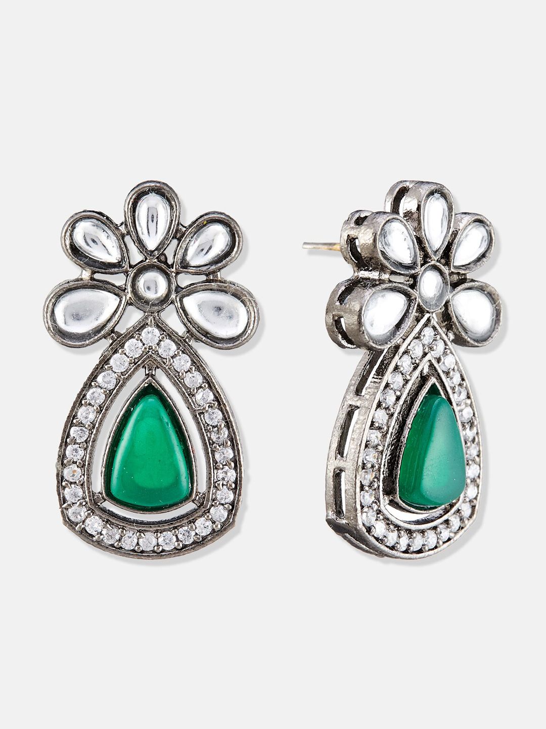 ATIBELLE German Silver-Plated Floral American Diamond Studded Drop Earrings