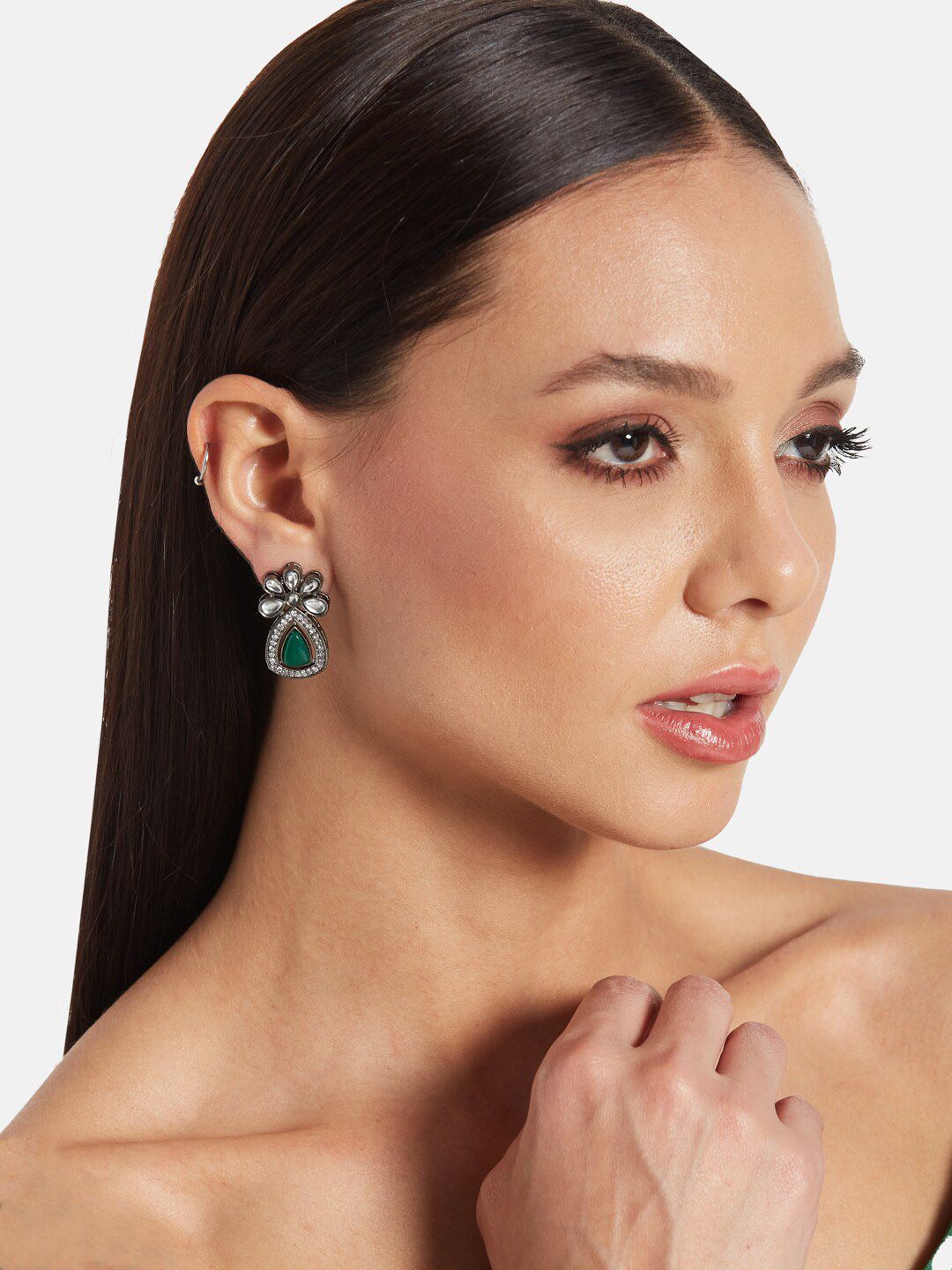 ATIBELLE German Silver-Plated Floral American Diamond Studded Drop Earrings