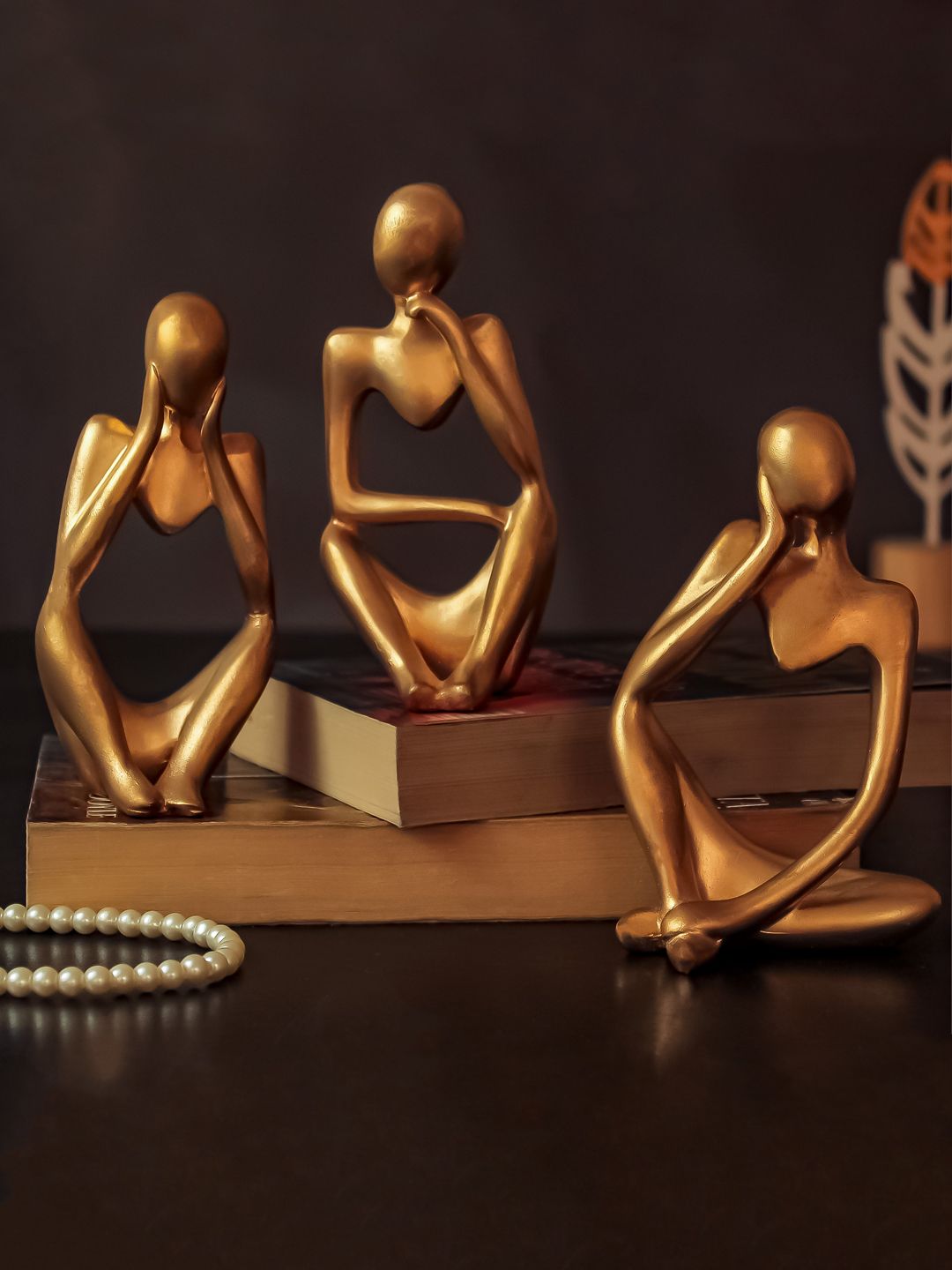 TIED RIBBONS Gold Toned 3 Pieces Thinker Man Statue Modern Art Showpiece-image-2