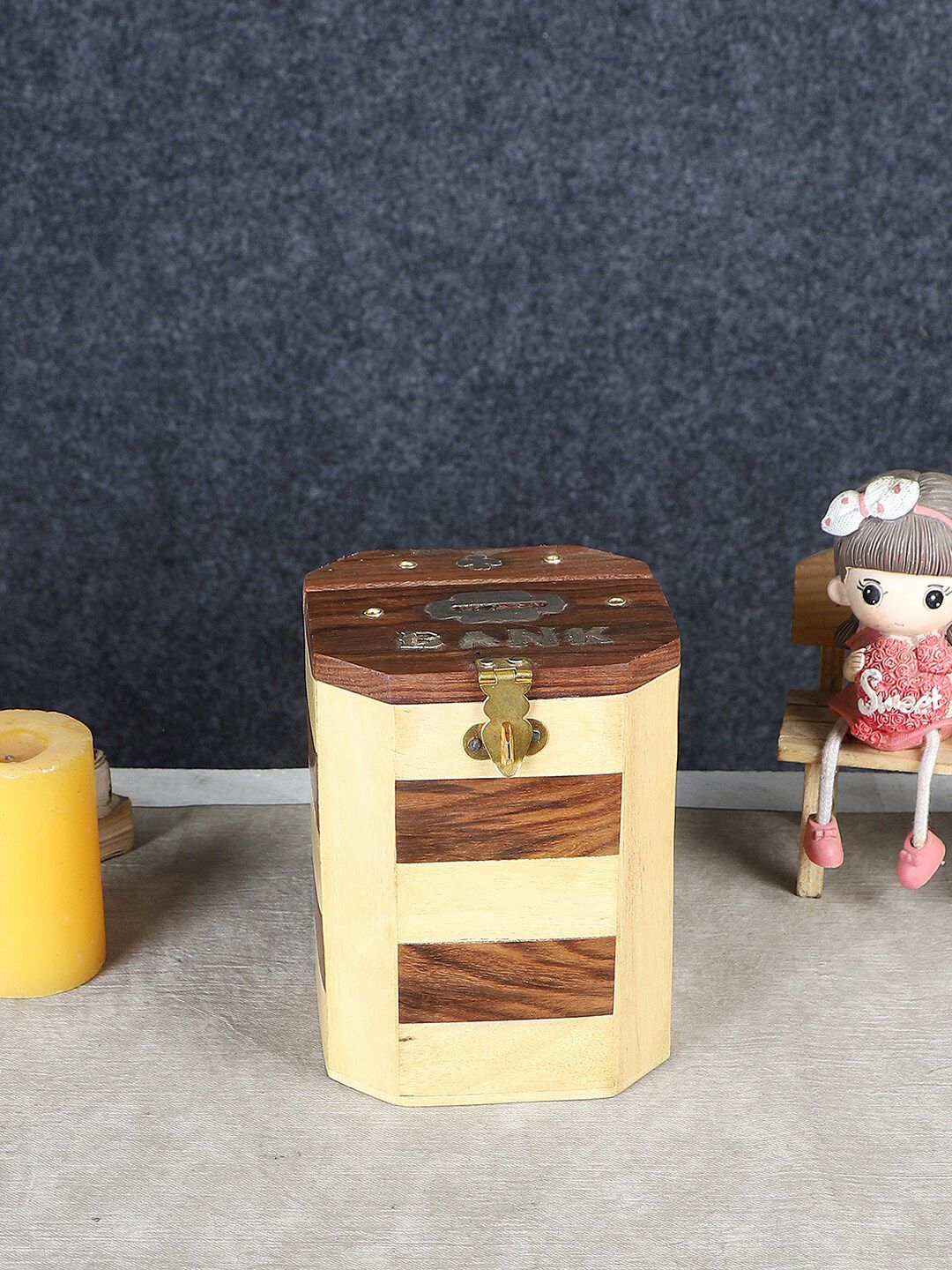 EXIM DECOR Brown & Beige Pine and Sheesham Wood Octagon Curio Piggy Bank Showpiece