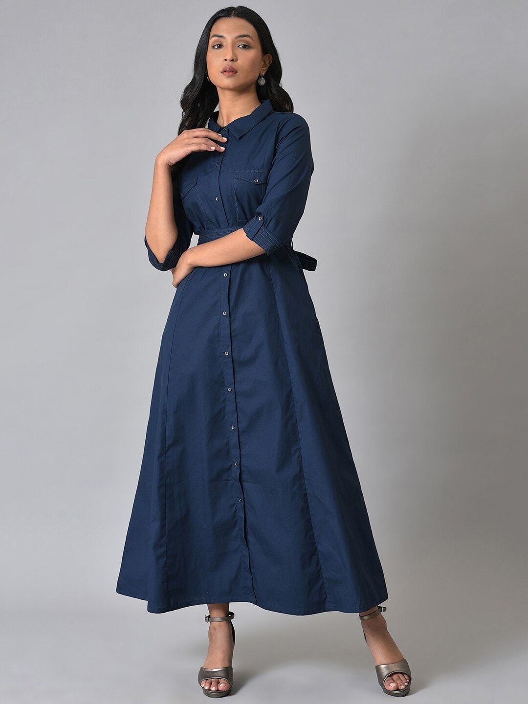 W Mandarin Collar Maxi Dress