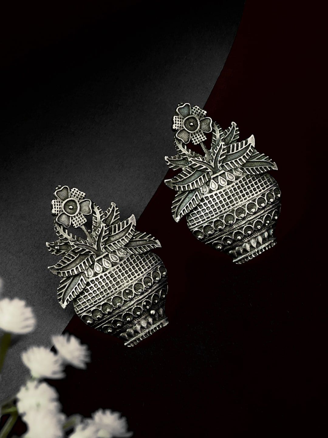 ATIBELLE Silver-Plated Contemporary Oxidised Drop Earrings
