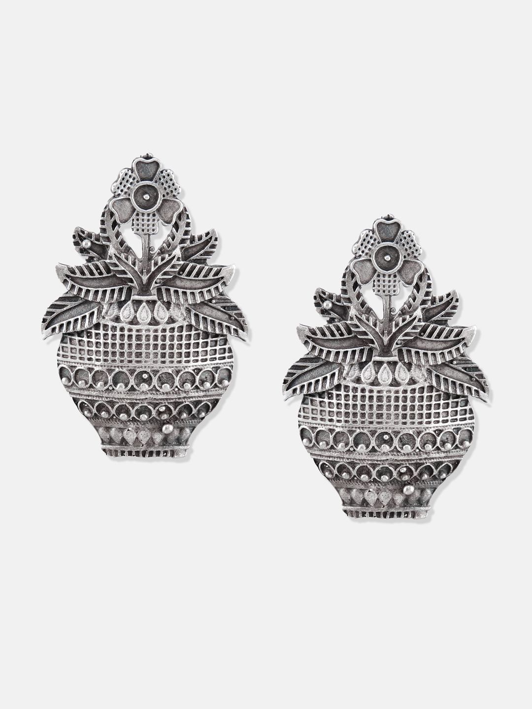 ATIBELLE Silver-Plated Contemporary Oxidised Drop Earrings