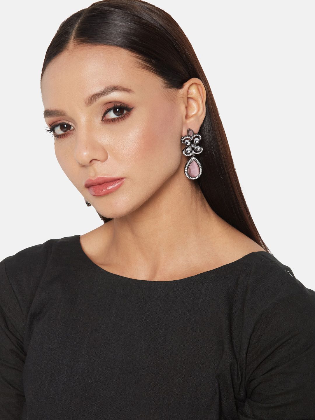 ATIBELLE German Silver-Plated Contemporary American Diamond Studded Drop Earrings