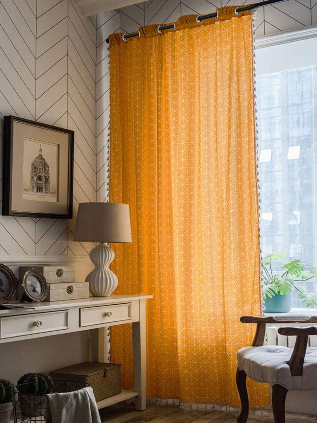 URBAN SPACE Boho Yellow & White Geometric Printed Cotton Long Door Curtain-image-40