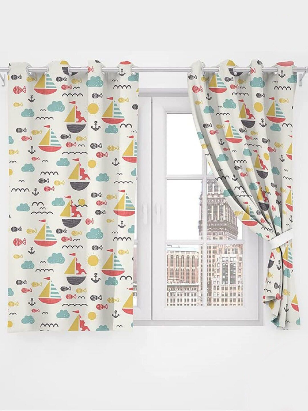 URBAN SPACE White & Blue Quirky Printed Cotton Black Out Window Curtain-picture-42