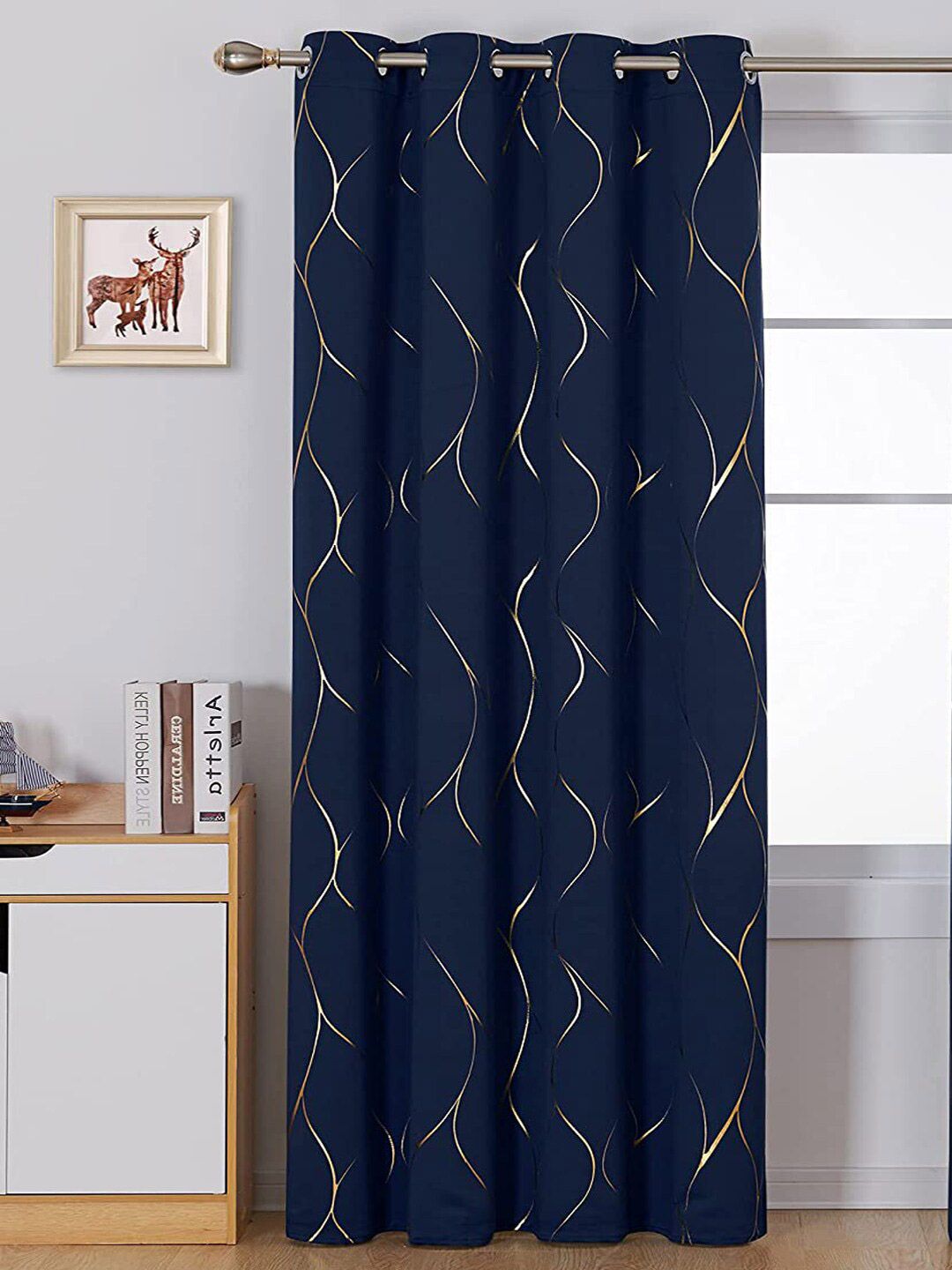 URBAN SPACE Gold Foil Navy Blue & Gold-Toned Printed Cotton Black Out Window Curtain-picture-34