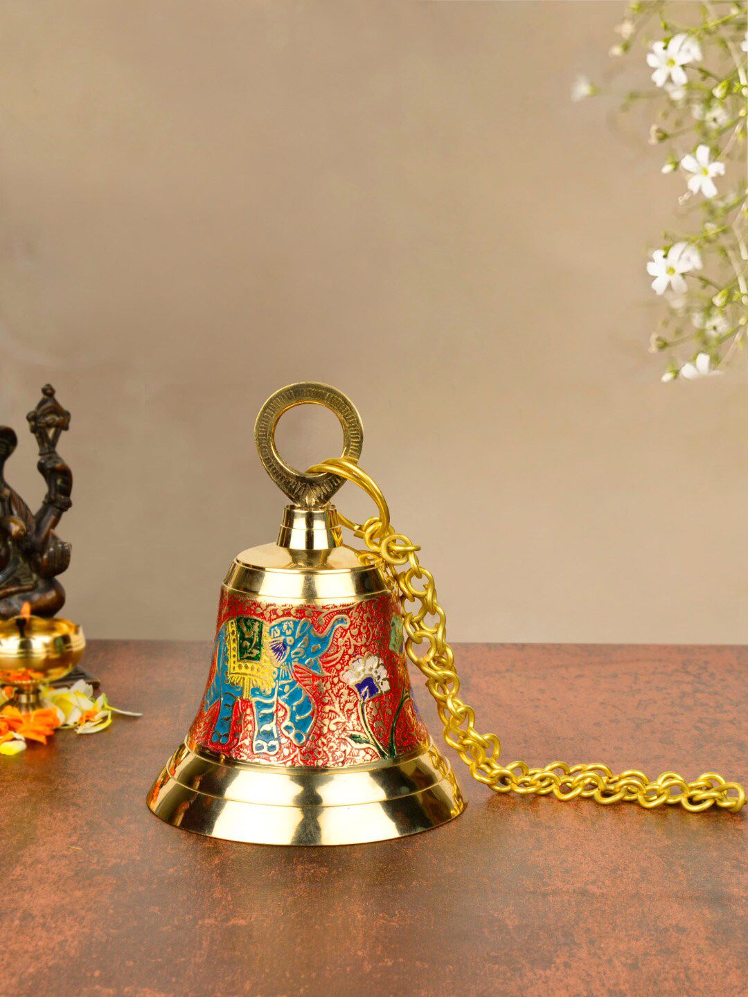 StyleMyWay Gold-Toned & Blue Brass Elephant Engraved Hanging Temple Bell-picture-13