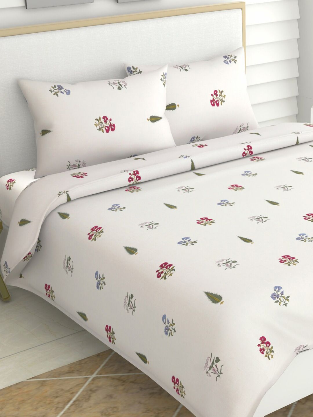 haus & kinder Floral Motifs White & Green 186 TC Cotton Queen Bedsheet & 2 Pillow Covers-picture-20