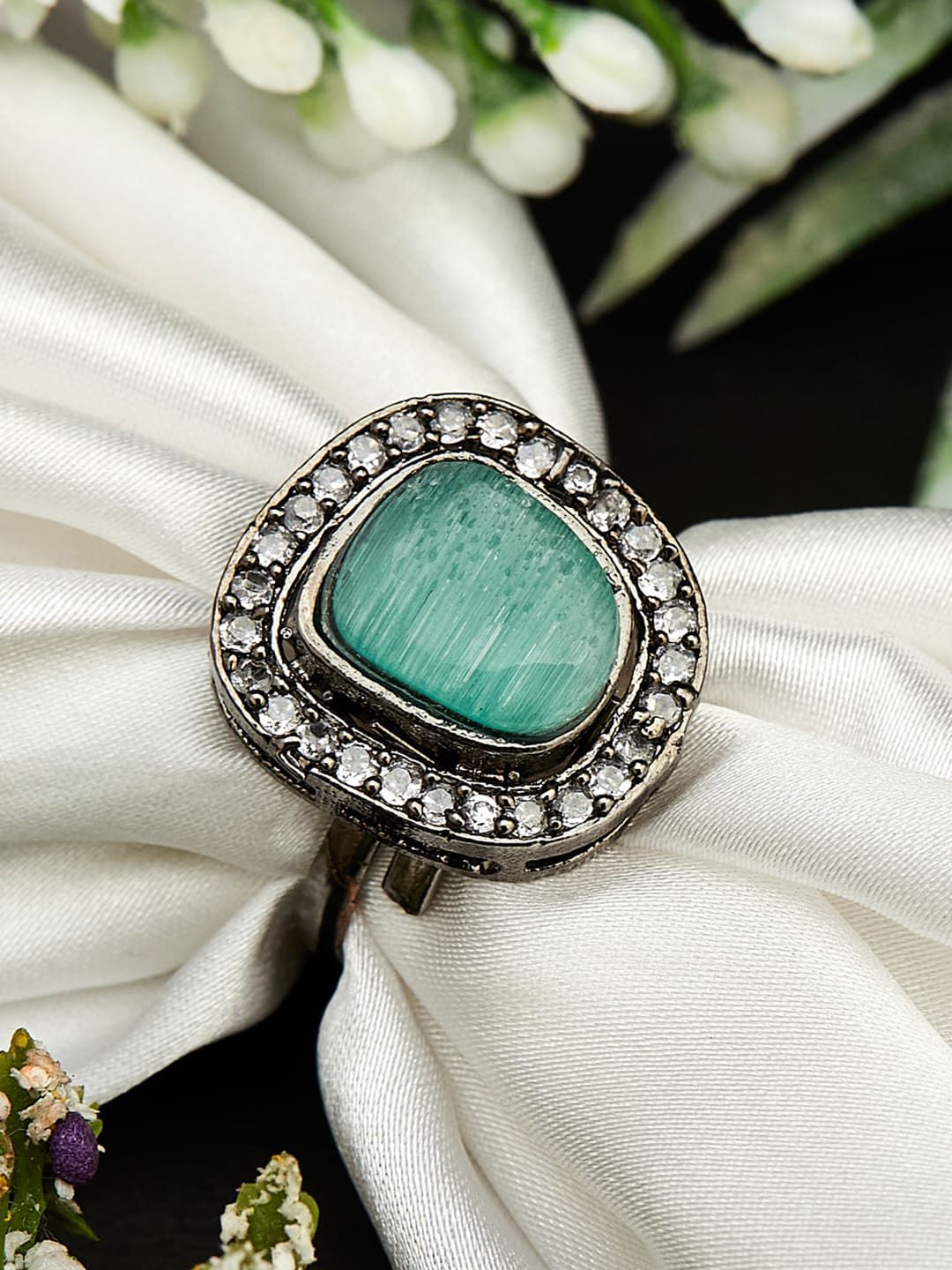 ATIBELLE Silver-Plated AD Stone-Studded Adjustable Finger Ring