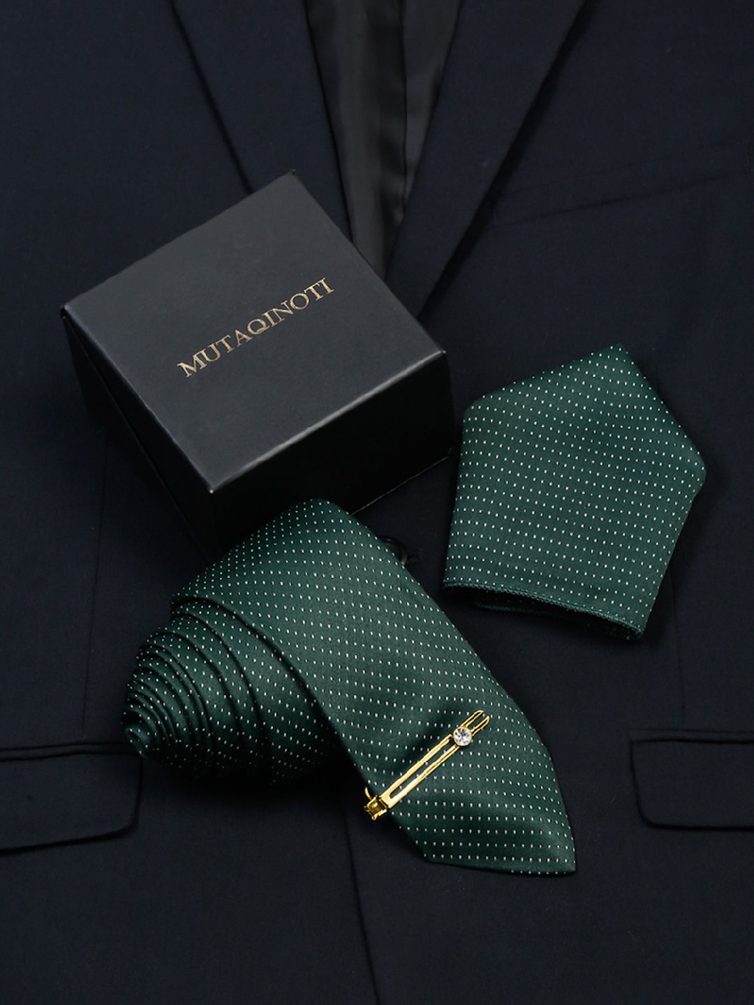 MUTAQINOTI Men Dotted Green Silk Necktie Accessory Gift Set-picture-31