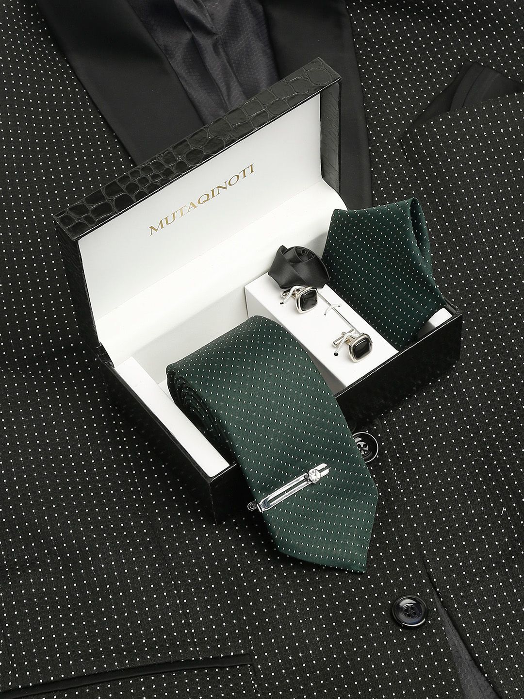 MUTAQINOTI Men Dotted Pattern Formal Silk Accessory Gift Set-picture-58