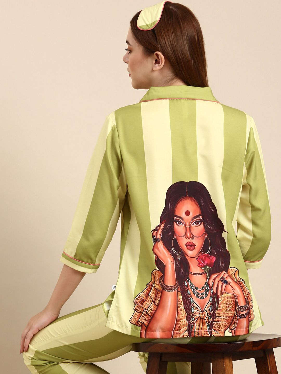 Bannos Swagger Green & Beige Striped Night Suit-image-26