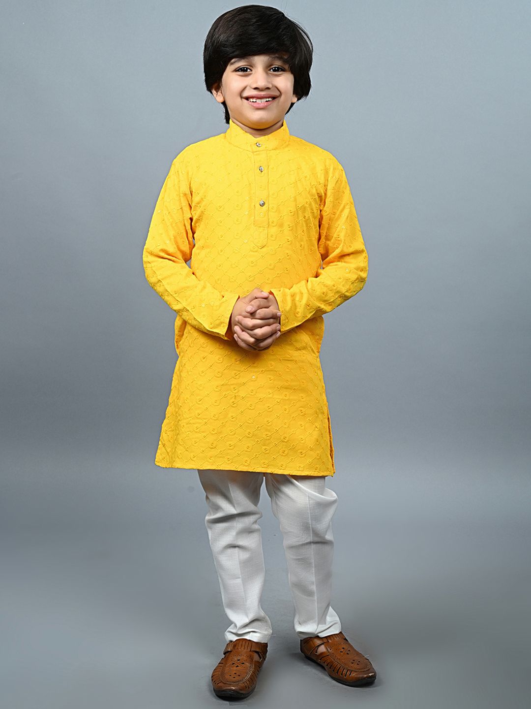 ahhaaaa Boys Geometric Embroidered Band Collar Kurta With Pyjamas-picture-18