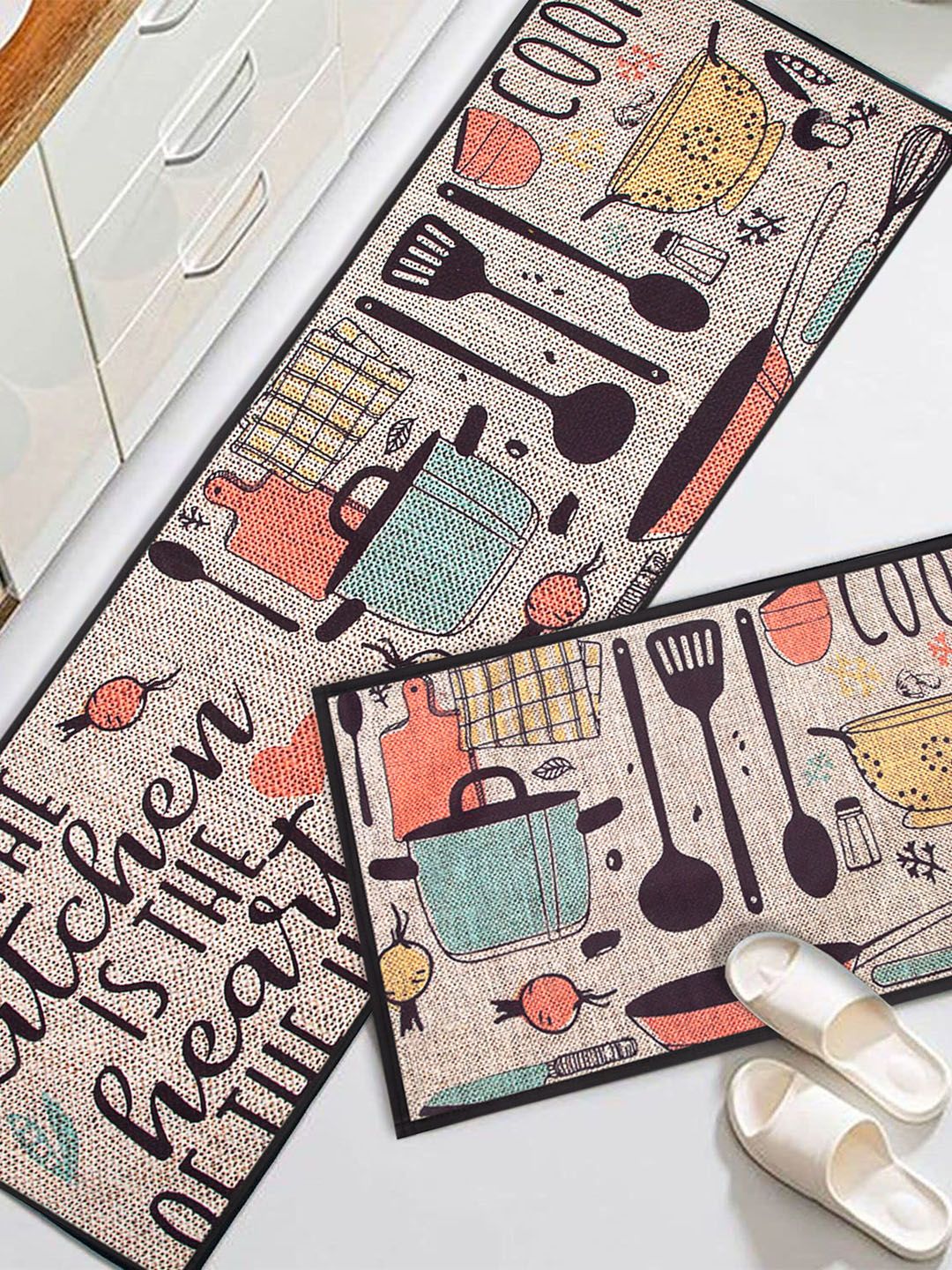 AAZEEM Beige 2-Pieces Printed Floor Runner & Mat