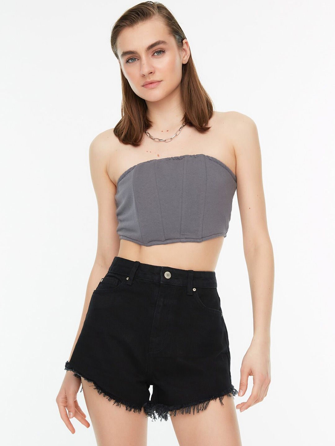 Trendyol Women Mid Rise Pure Cotton Frayed Denim Shorts-picture-46