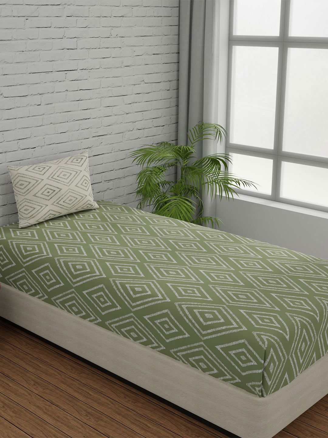 Huesland Comfort Green & White Geometric 144 TC Cotton Single Bedsheet With 1 Pillow Cover-picture-35