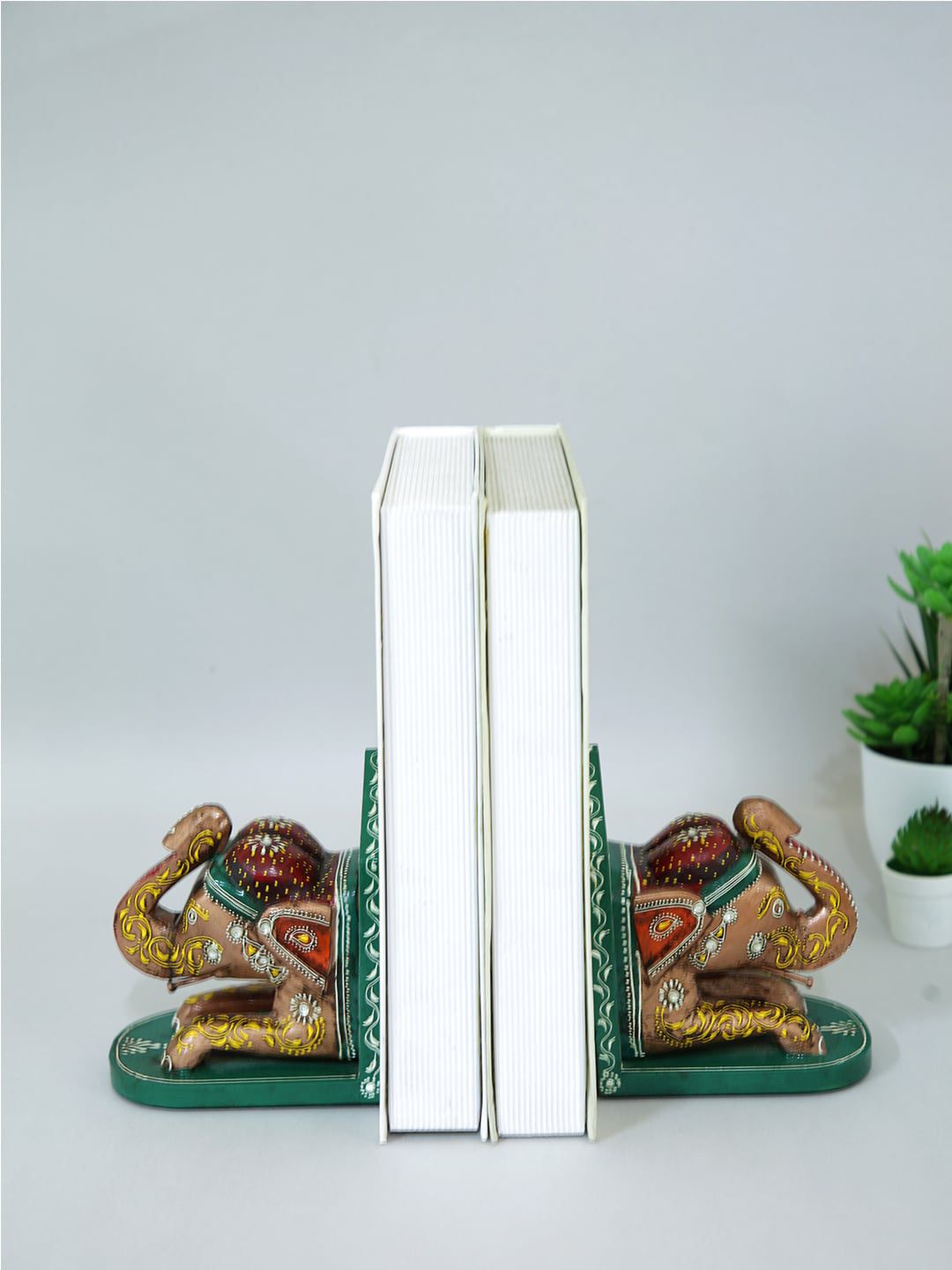Aapno Rajasthan Brown & Green 2 Pieces Textured Wooden Elephant Showpiece-image-29