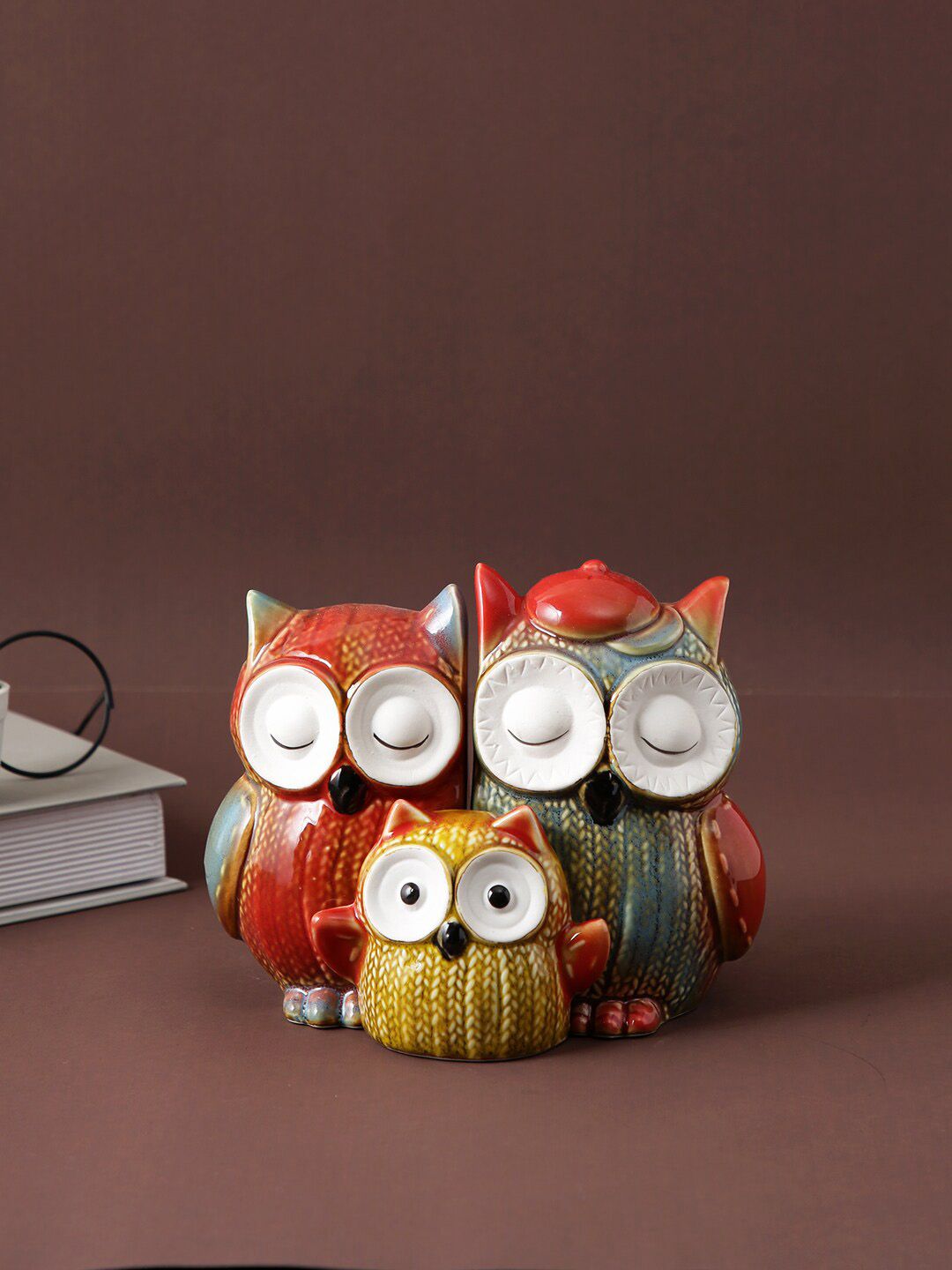 TAYHAA Red & Yellow 3 Pieces Textured Owl Figurine Showpiece
