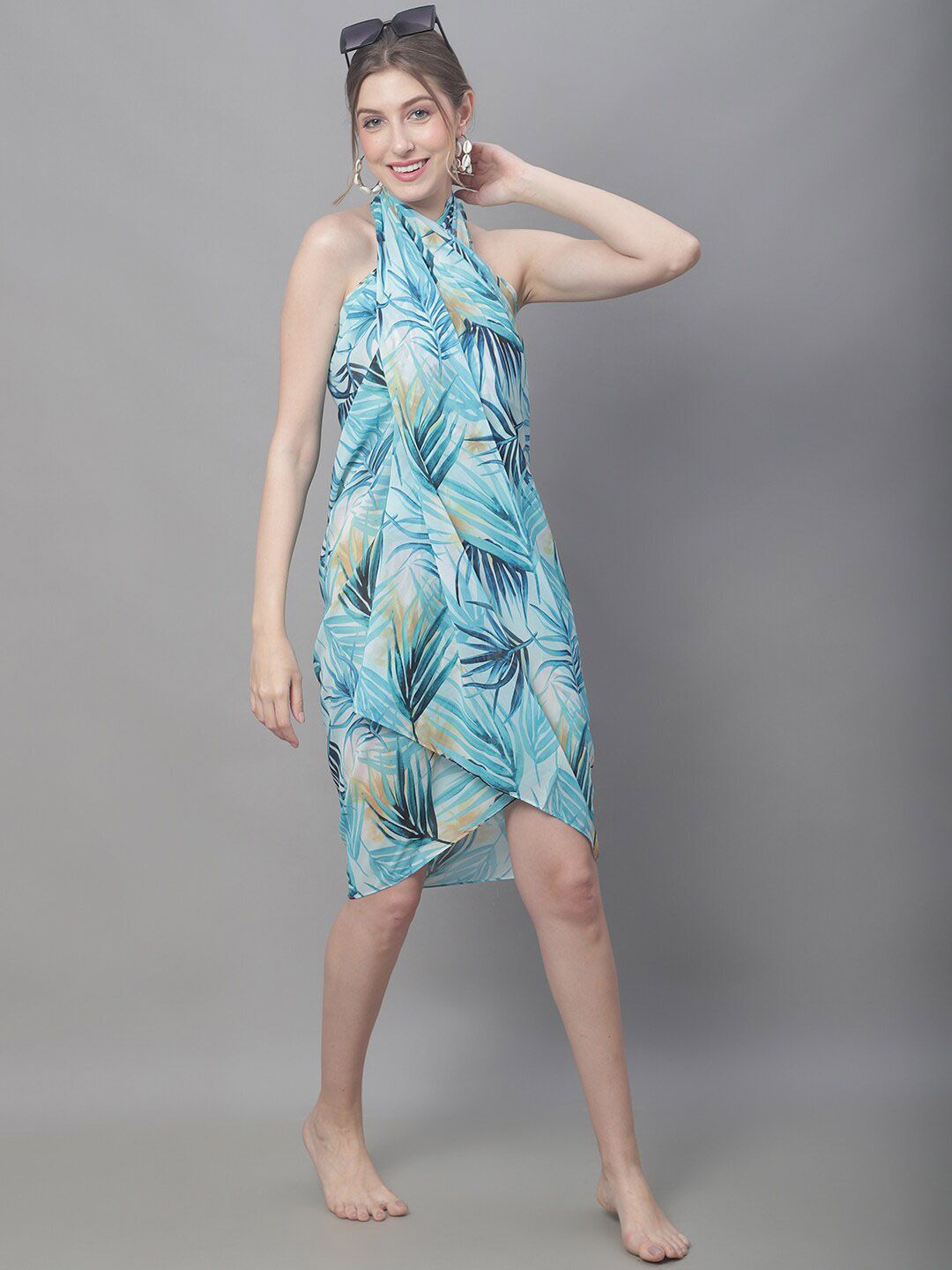Claura Turquoise Blue & Yellow Tropical Printed Cover Up Sarong-picture-16