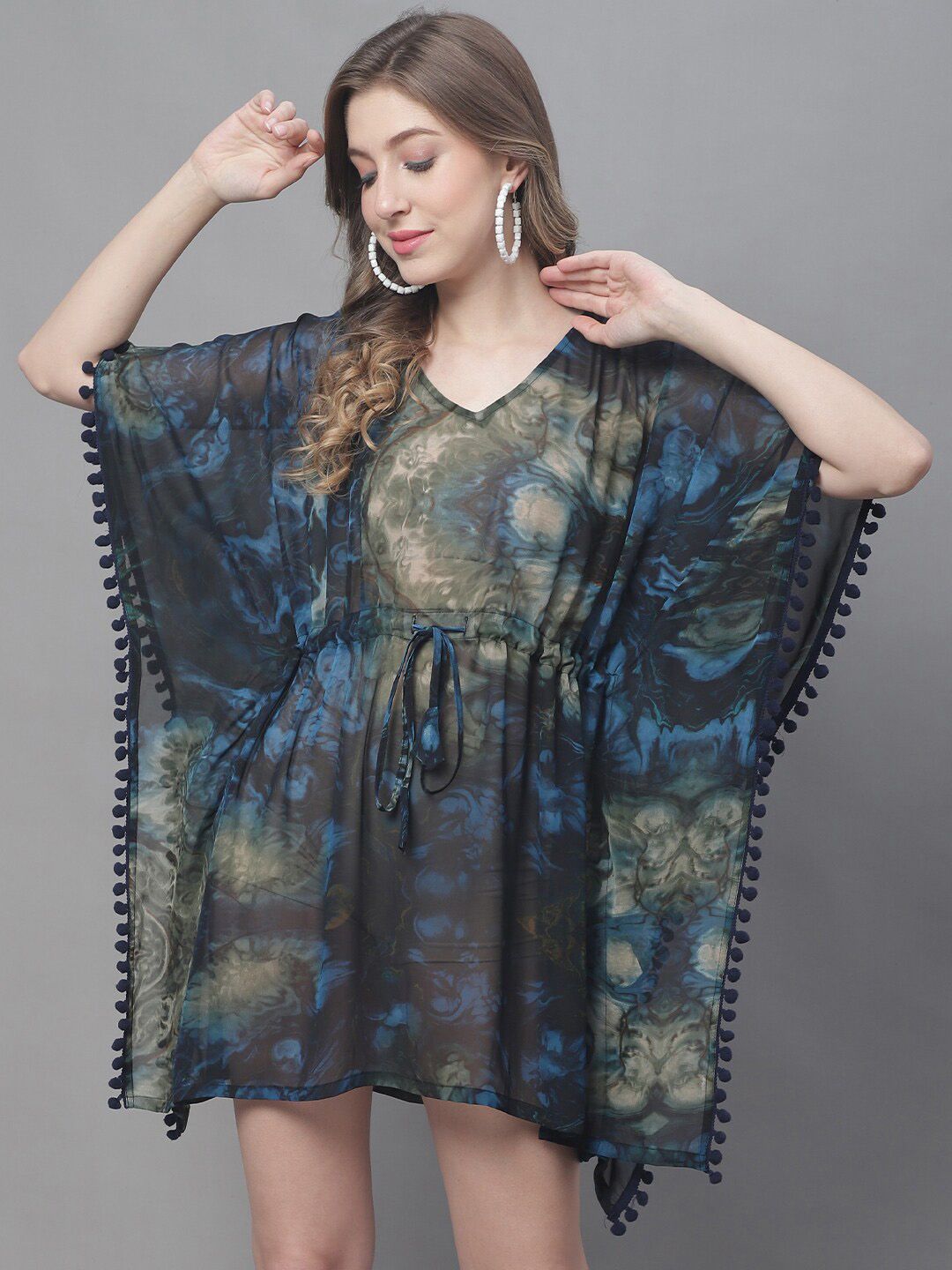 Claura Navy Blue & Yellow Abstract Printed V Neck Swimwear Cover Up kaftan Dress-image-3