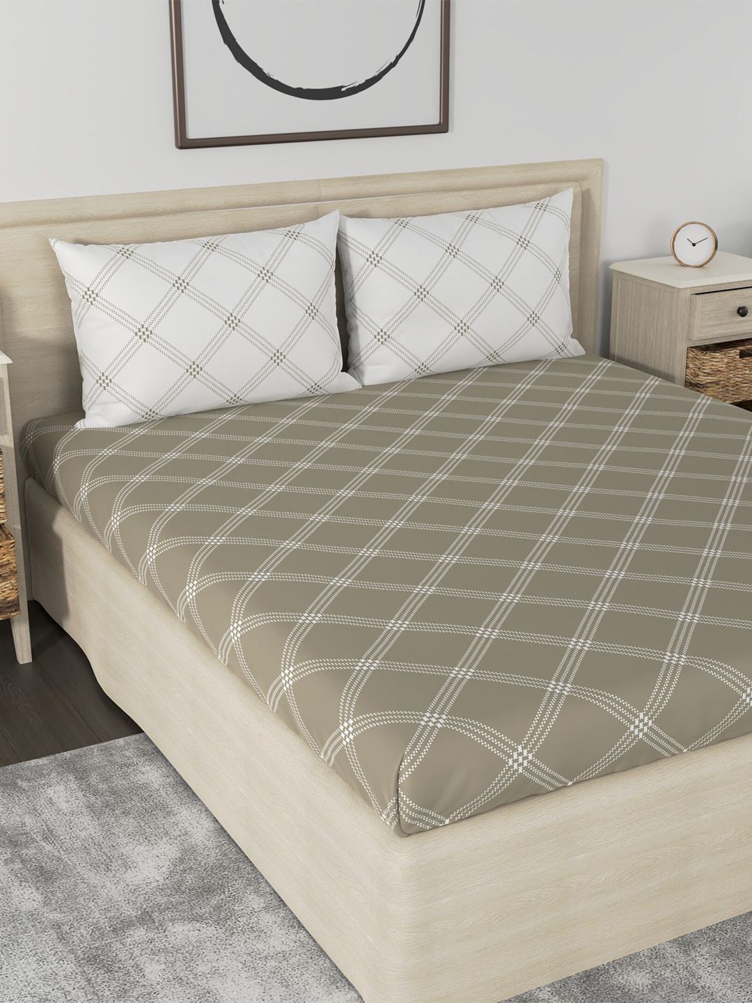 Huesland Aspire Beige & White Geometric 186 TC Cotton Queen Bedsheet With 2 Pillow Covers-picture-29