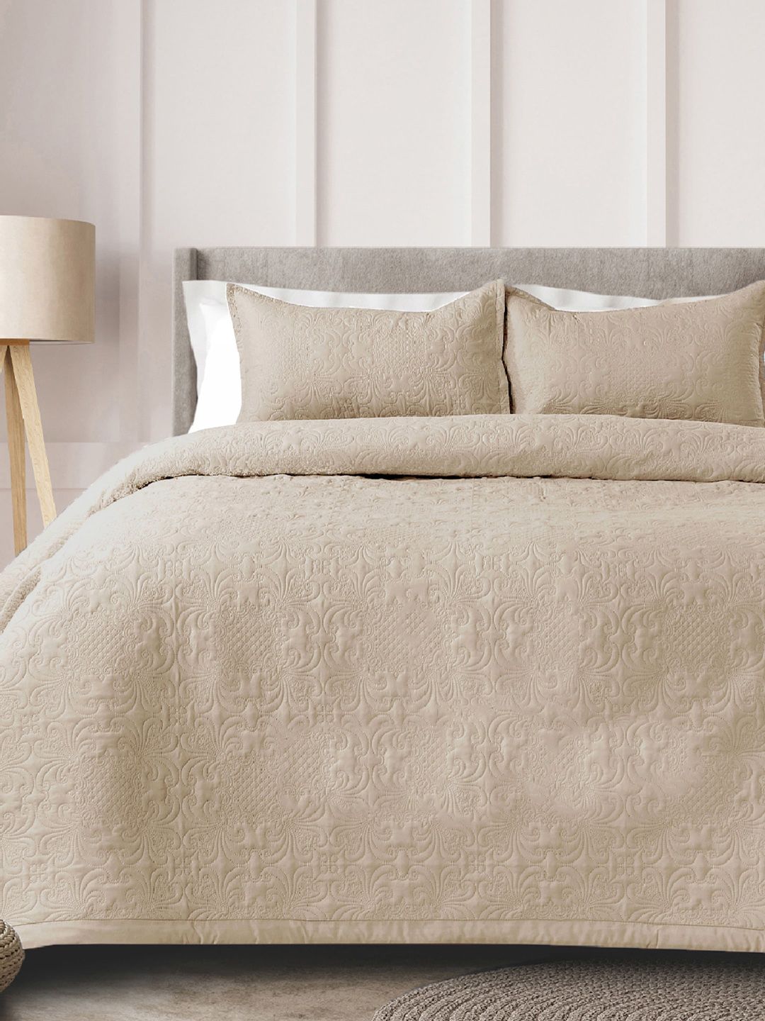 LABHAM Sensation Ultrasonic Beige Quilted TC 230 Cotton King Bed Cover & 2 Pillow Covers-image-29