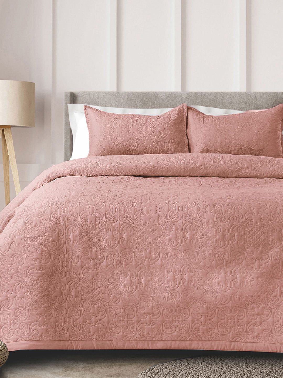 LABHAM Peach-Coloured Quilted 230 TC Cotton King Bed Cover With 2 Pillow Covers-image-16