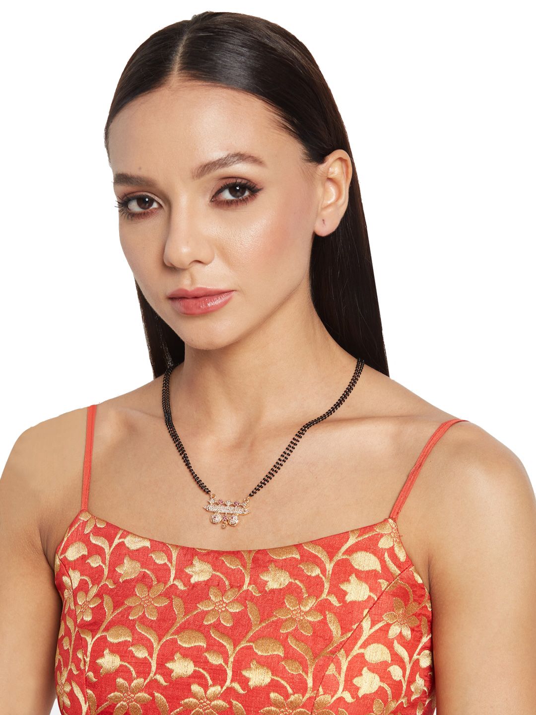 ATIBELLE Gold-Plated AD Stone-Studded & Layered Beaded Mangalsutra