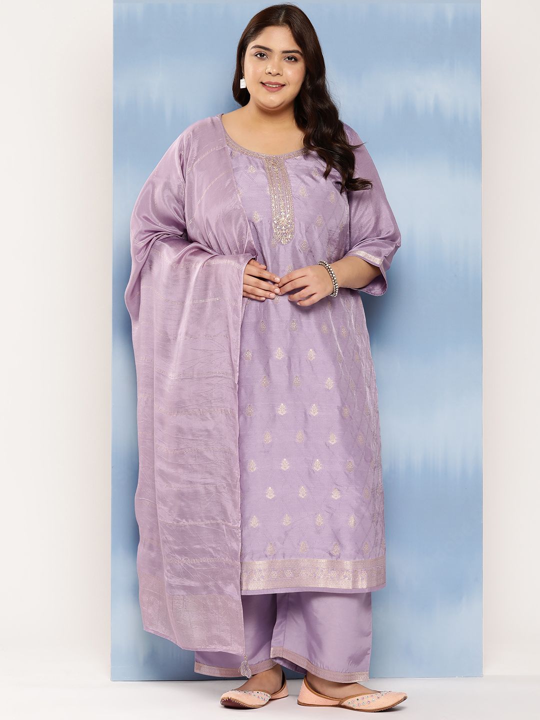 EXTRA LOVE BY LIBAS Plus Size Floral Yoke Design Kurta with Trousers & With Dupatta