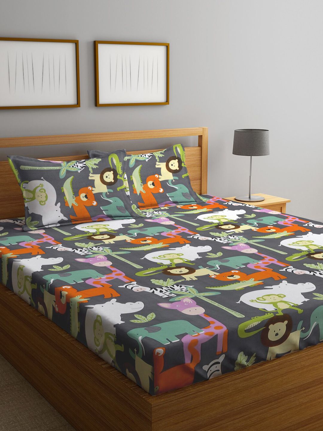 KLOTTHE Grey & Orange Cartoon Character Printed 300 TC King Bedsheet With 2 Pillow covers