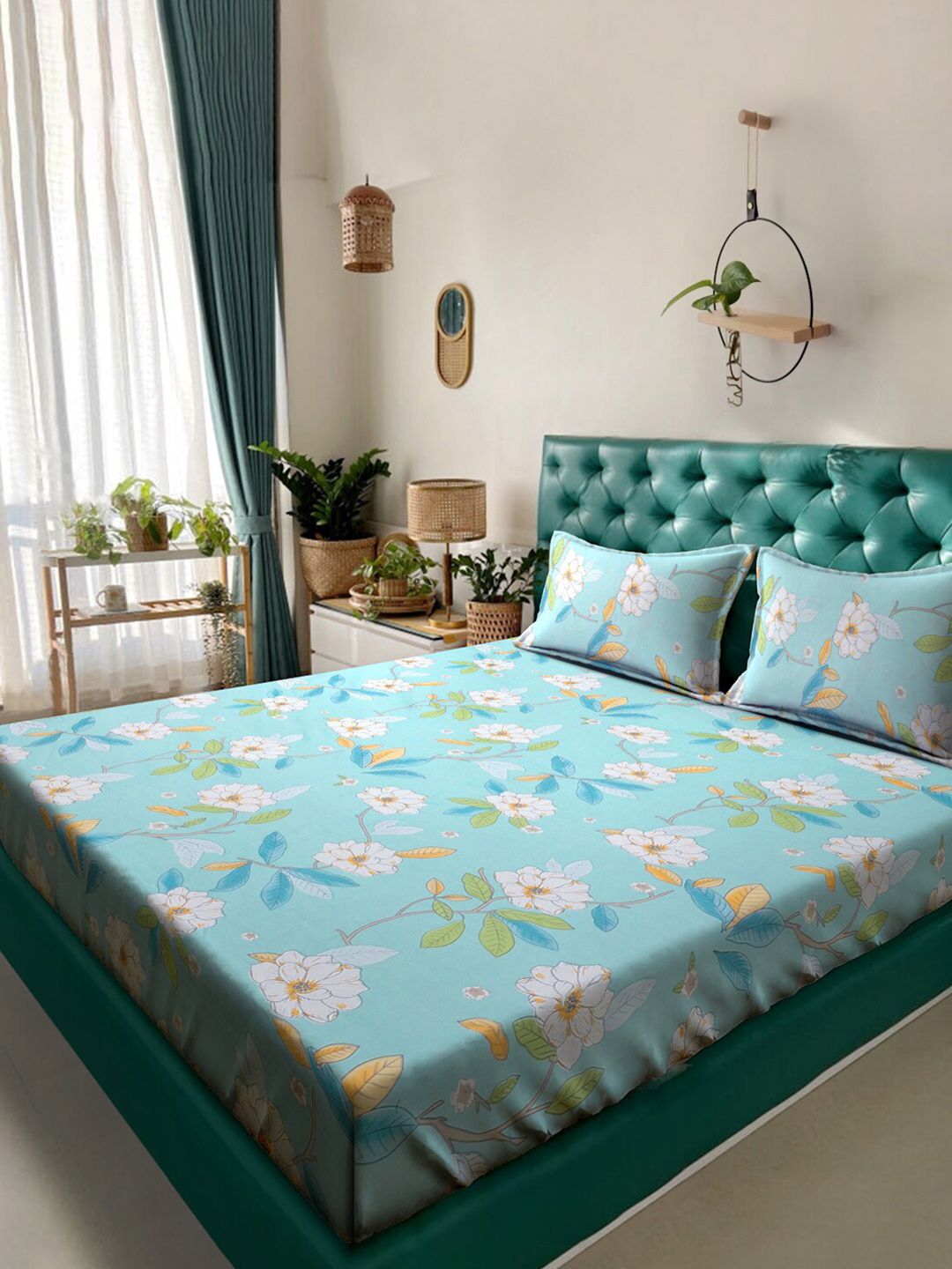 KLOTTHE Blue Floral Printed 300 TC Fitted King Bedsheet With 2 Pillow covers-picture-28