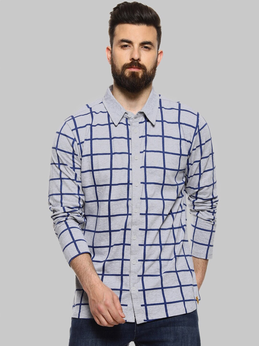 Campus Sutra Grey Windowpane Checks Classic Fit Cotton Casual Shirt