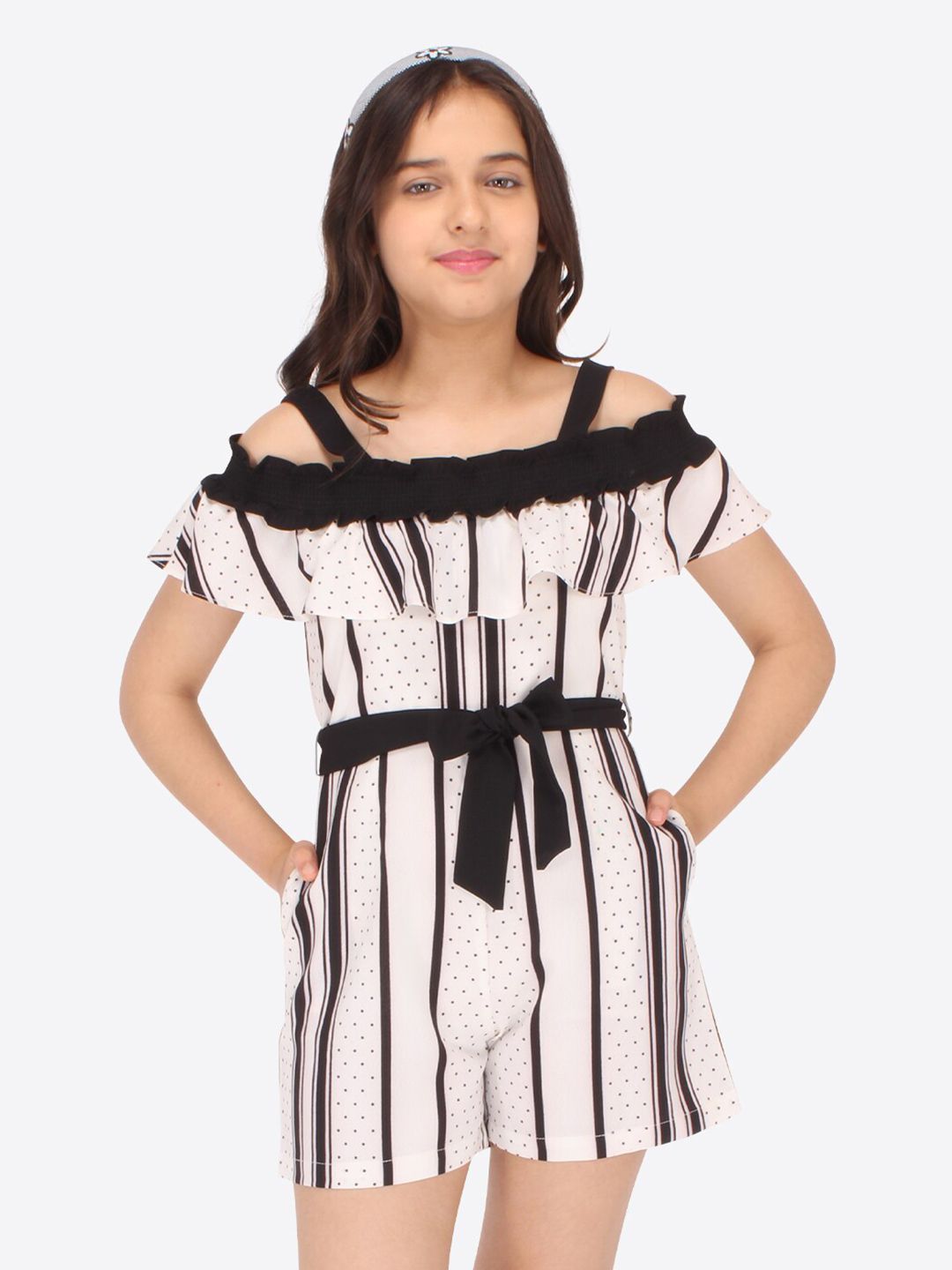 CUTECUMBER Girls Striped Cold Shoulder Waist Tie Ups Playsuit Jumpsuit-picture-17