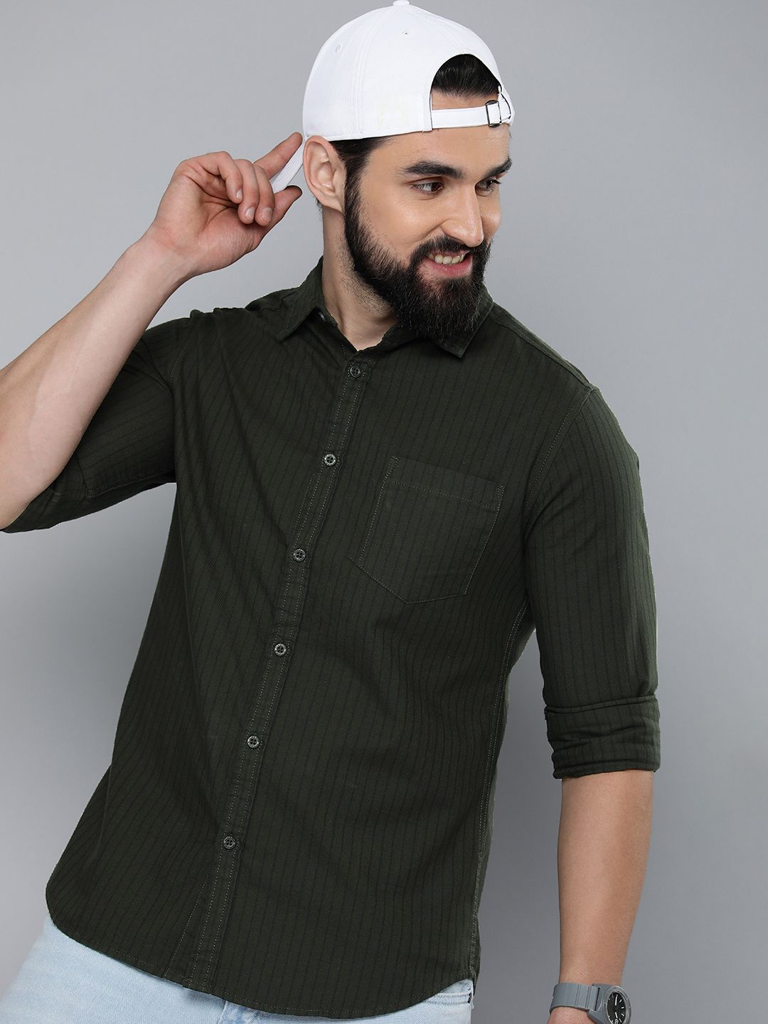 HERE&NOW Men Olive Green Slim Fit Opaque Casual Shirt - Price History