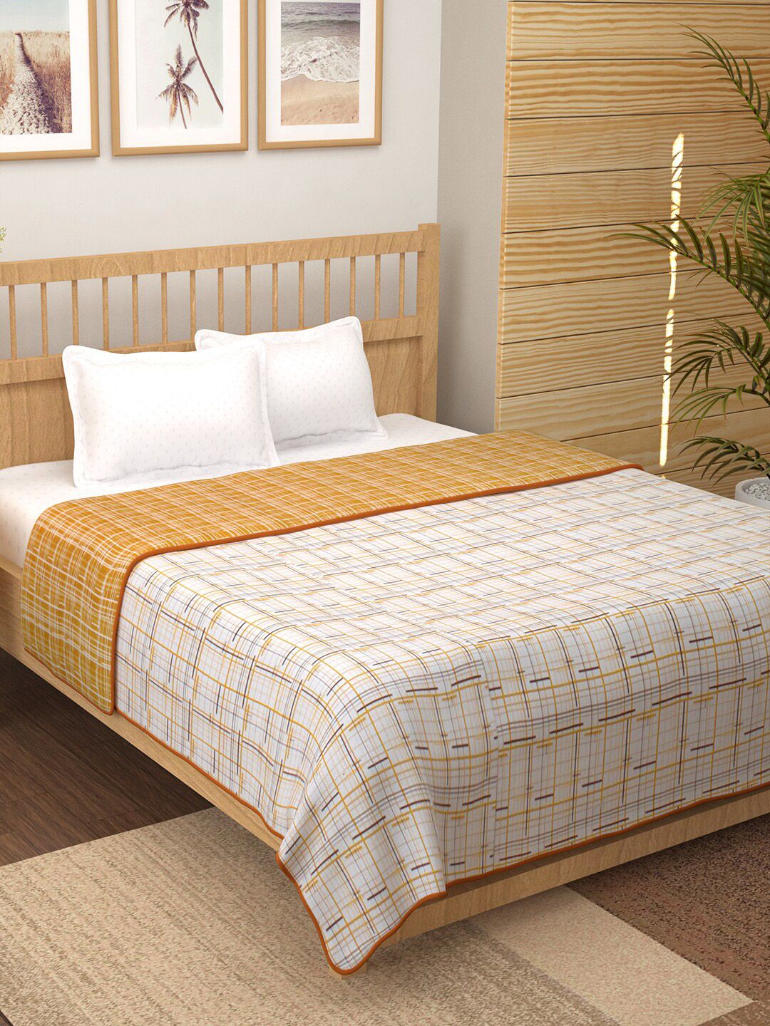 Story@home Yellow & White Striped AC Room 150 GSM Reversible Cotton Double Bed Dohar