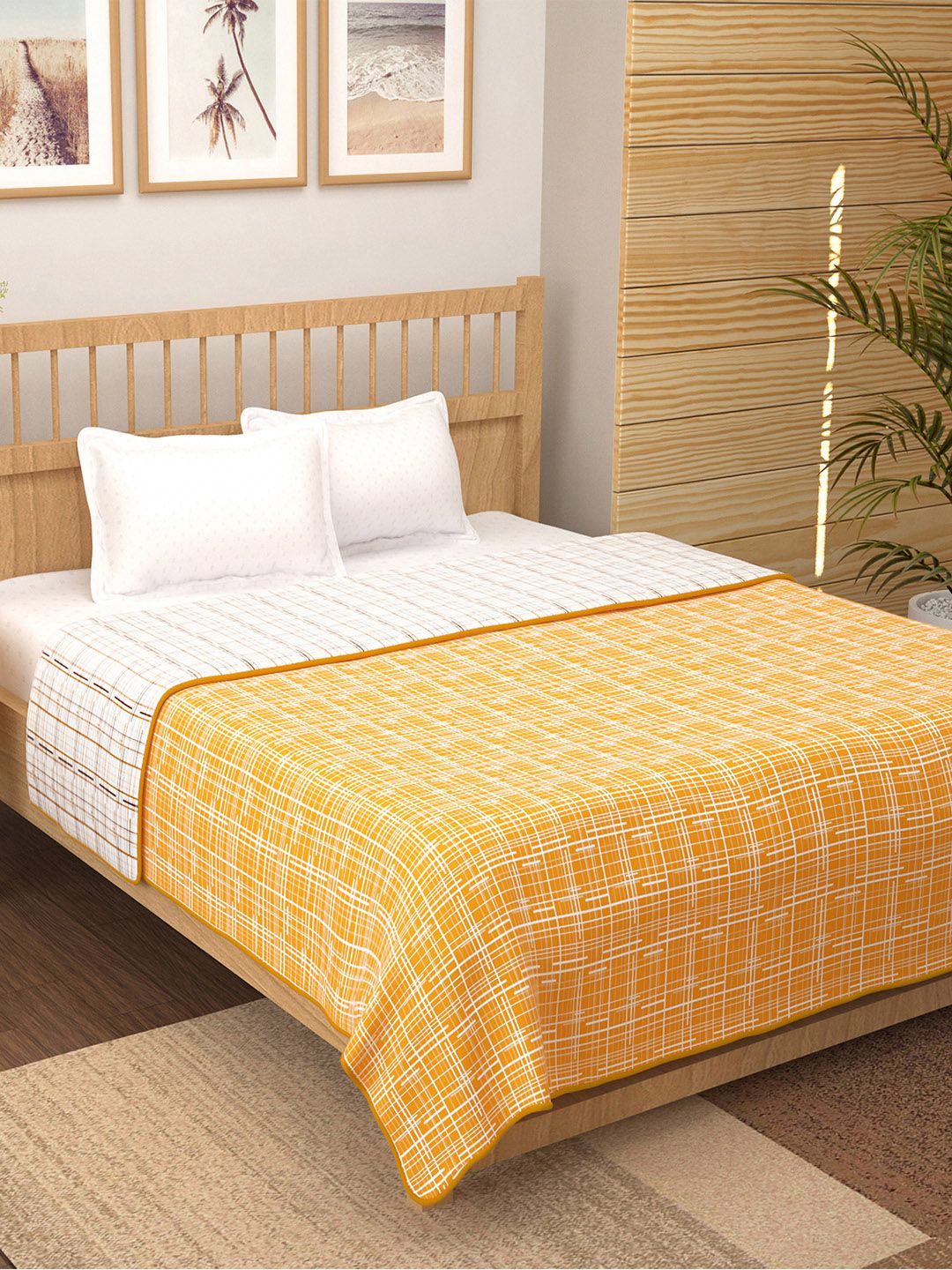 Story@home White & Yellow Printed AC Room 150 GSM Reversible Cotton Double Bed Dohar
