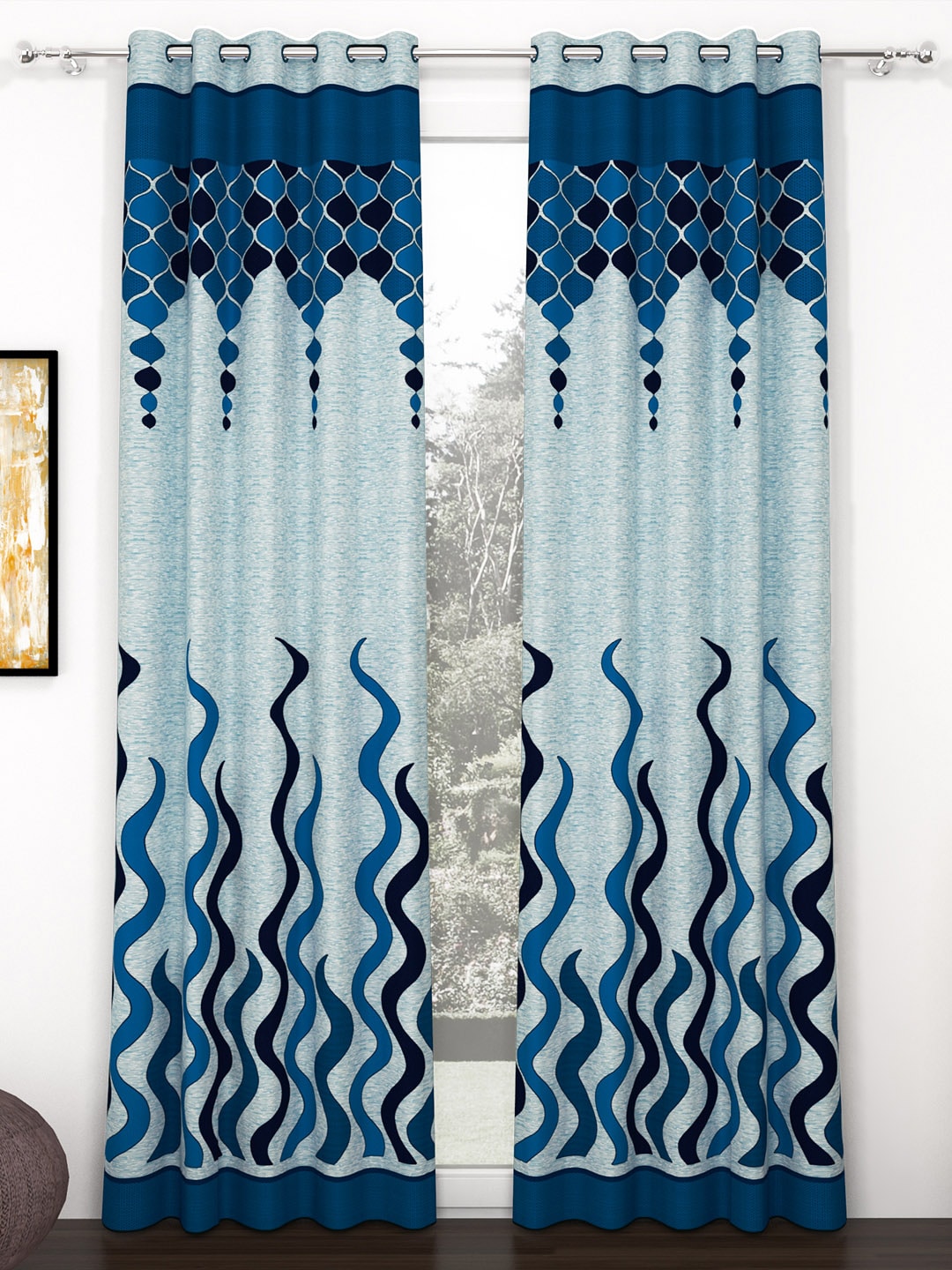 Story@home Blue & Grey 2-Pieces Geometric Door Curtains