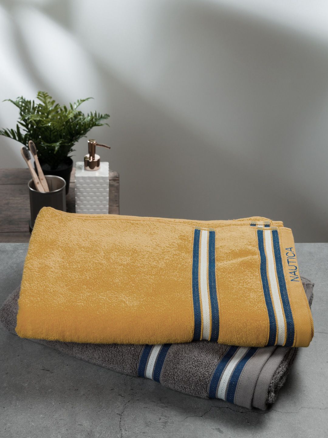 Nautica Yellow & Grey 2 Pieces 500 GSM Zero Twist Pure Cotton Bath Towels-image-25