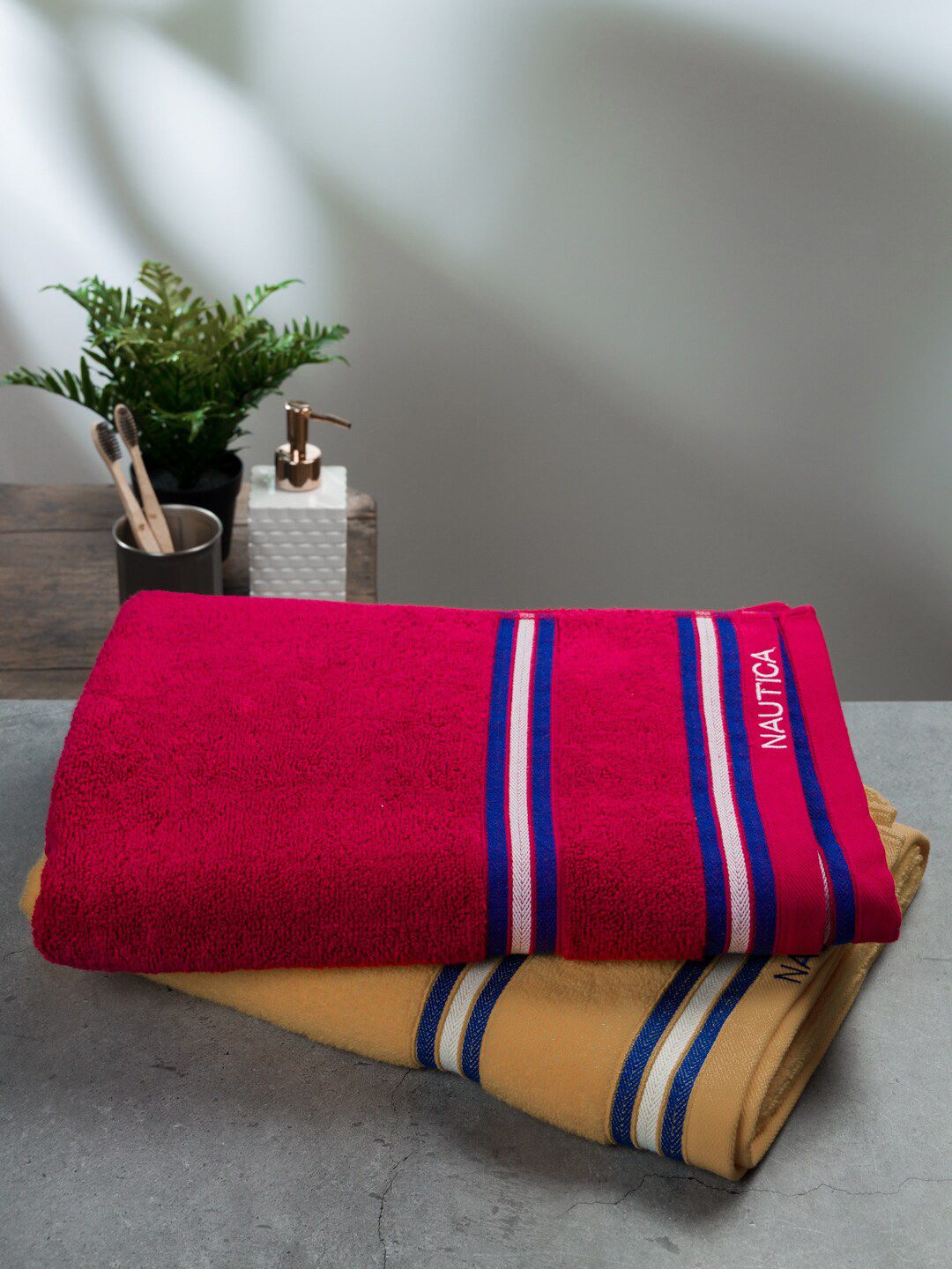 Nautica Burgundy-Red & Beige 2 Pieces  500 GSM Zero Twist Pure Cotton Bath Towels-image-6