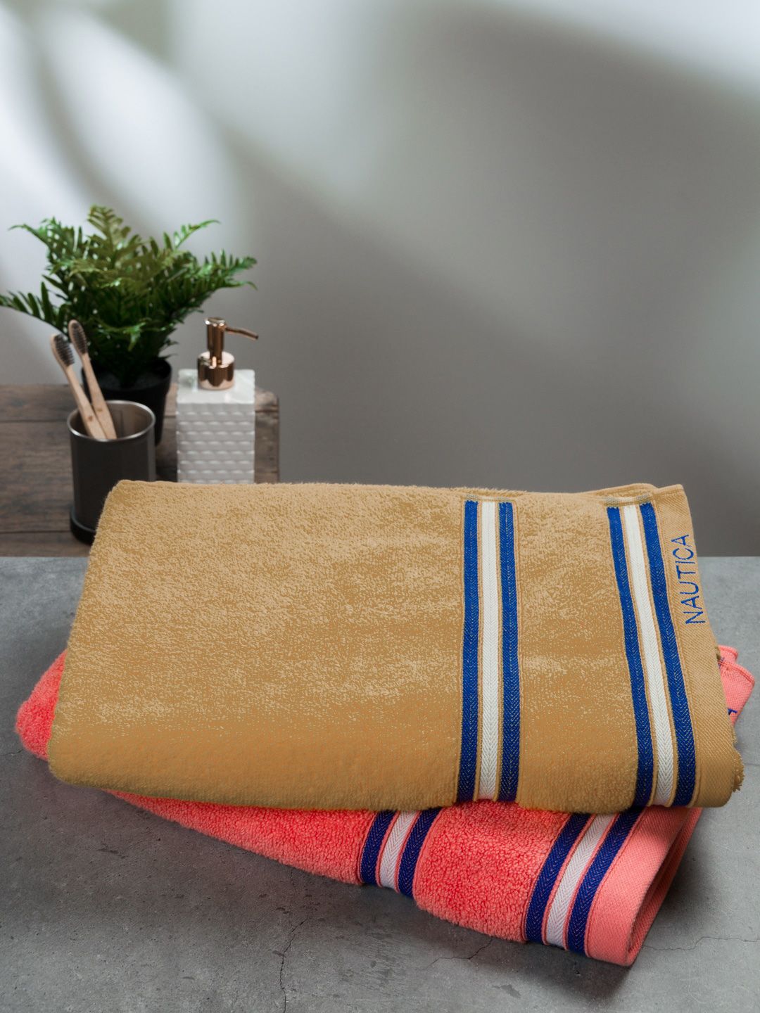 Nautica 2-Pieces Beige & Coral Peach-Colored 500 GSM Zero Twist Pure Cotton Bath Towels-image-34