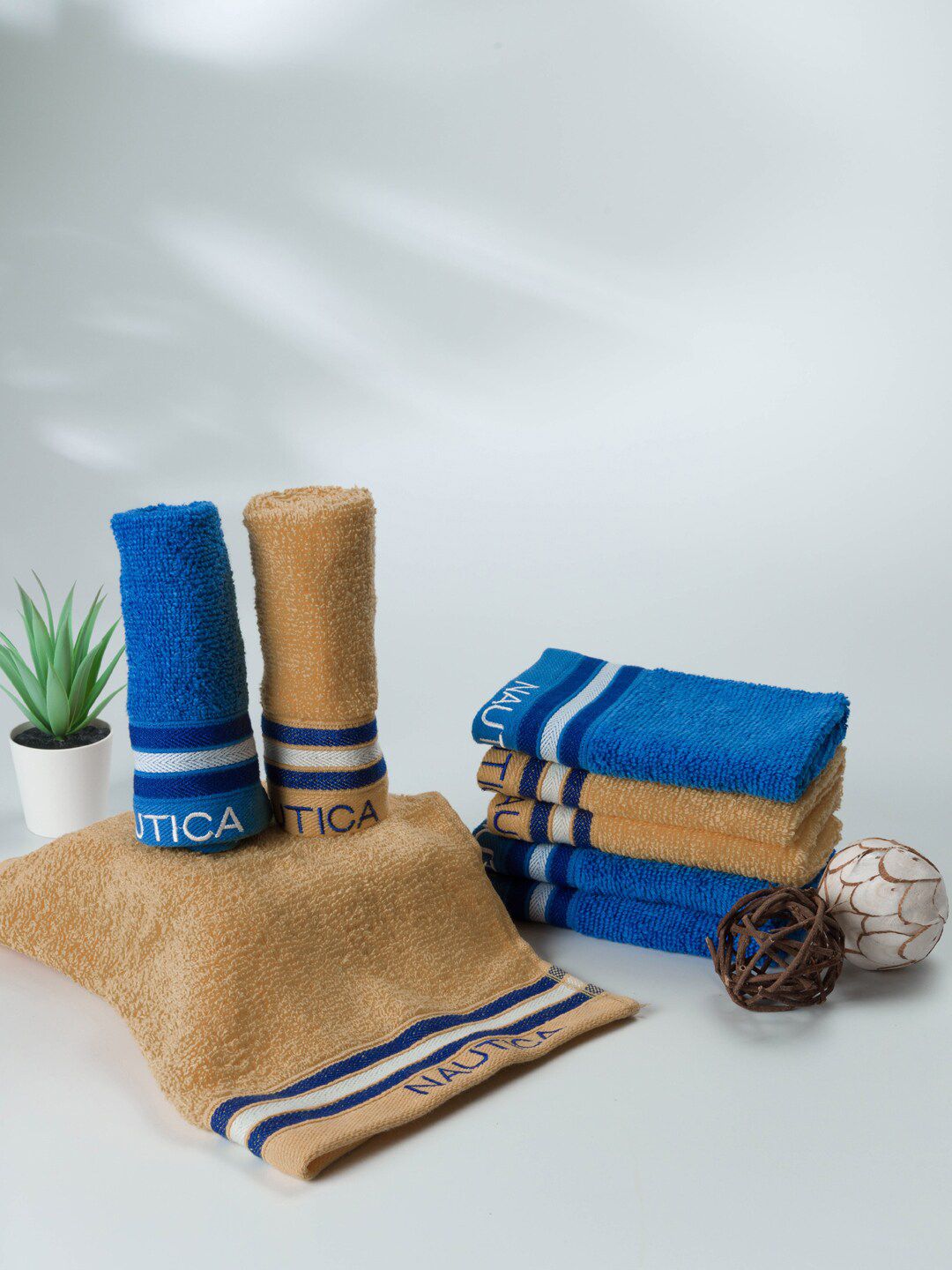 Nautica Beige & Blue 8 Pieces Pure Cotton Zero Twist 500GSM Face Towels-picture-36