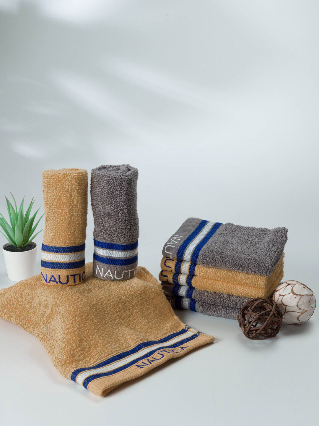 Nautica Beige & Grey 8 Pieces 500 GSM Zero Twist Pure Cotton Face Towels-picture-10