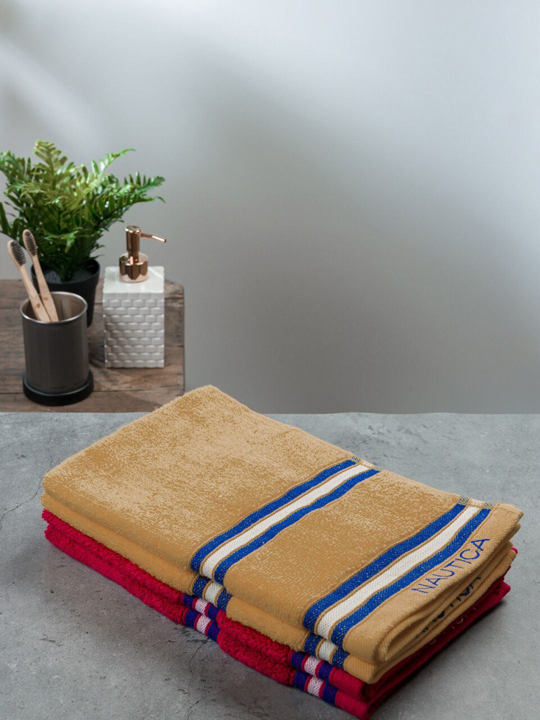 Nautica Beige & Burgundy 4Pieces 500 GSM Zero Twist Pure Cotton Hand Towels-picture-23