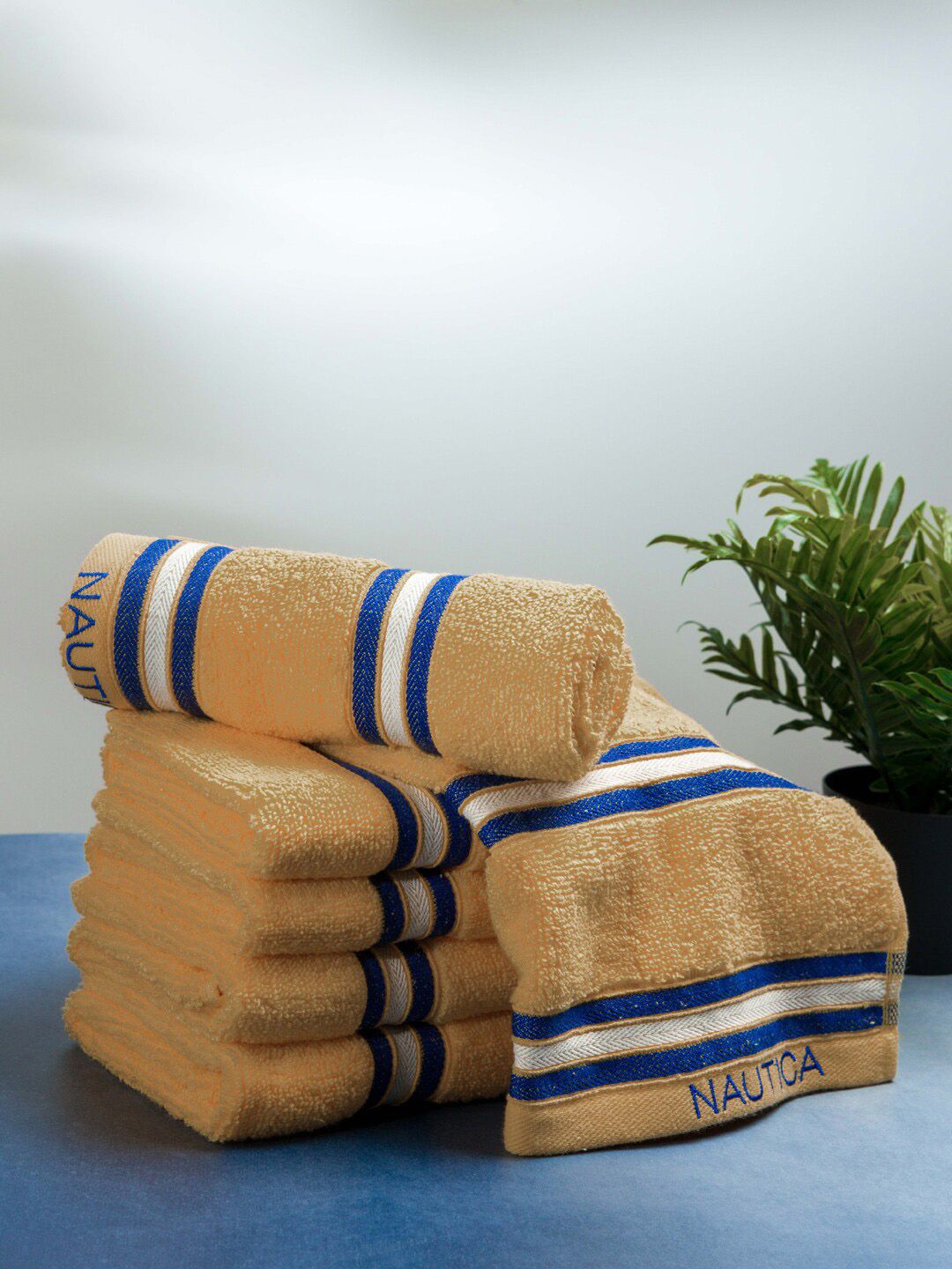 Nautica Beige & Blue 6 Pieces Pure Cotton Zero Twist 500GSM Hand Towels
