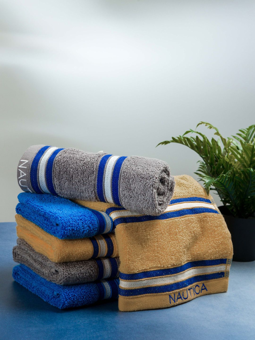 Nautica Beige & Blue 6 Pieces 500 GSM Zero Twist Pure Cotton Hand Towels